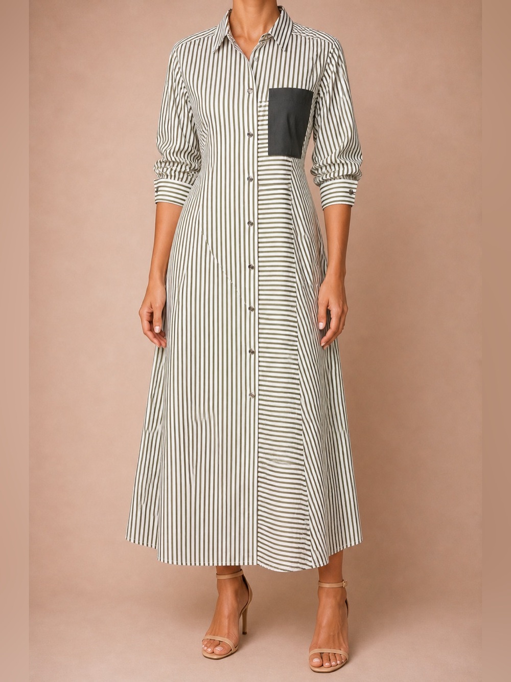 Maje Black And White Striped Long-Sleeve Maxi Shirt Dress